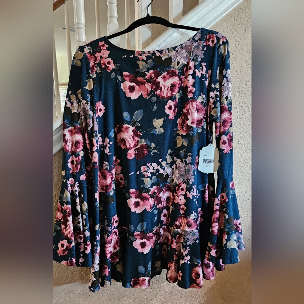 Altar'd State Floral Bell Sleeve Top - Pink and Blue